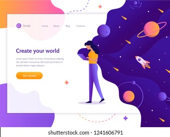 Create your world. Web development. Girl holding a device in which space. Web banner design template. Flat vector illustration.
