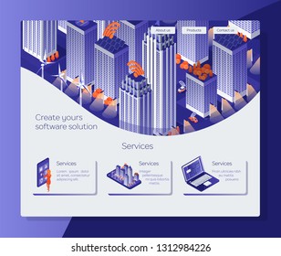 Create yours software solution. Web page for coders. Isometric smart city illustration. Laptop and smartphone. Mobile app. 