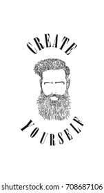 Create Yourself oval slogan and hand drawn beard man inside it.Black on white.