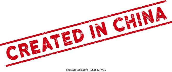 Created in China seal stamp. Red vector scratched stamp with Created in China caption between parallel lines. Designed for rubber imitations with scratched rubber texture.