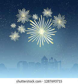 Created city with firework sky background, stock vector