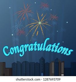 Created congratulations city with firework sky background, stock vector