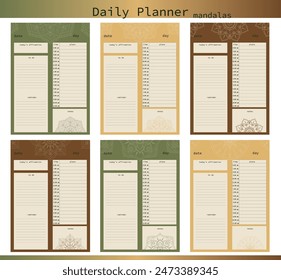 Created in earthy tones, a set of six daily planner templates for organizing tasks and scheduling, aiding productivity