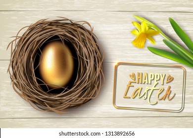 Created in realism egg in the nest on the background of a wooden table. Next is a flower narcissus
