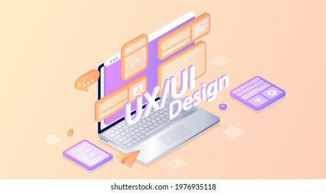 Creates a custom design for a application, ui ux design. Isometric. Development of applications, design. Programming equipment. Internet database, backup server. Web banner