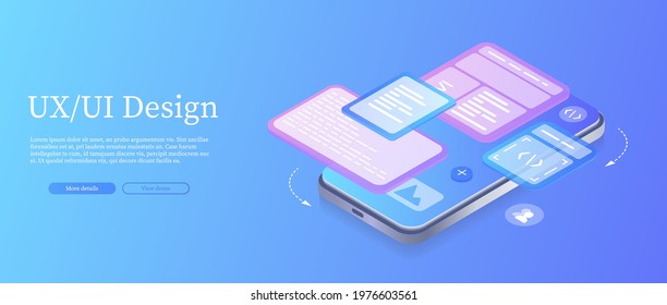 Creates A Custom Design For A Mobile Application, Ui Ux Design. Isometric. Internet Database, Backup Server. Programming Equipment. Limited Access, Control Pass, Privacy Settings. Web Banner