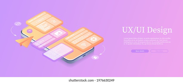 Creates a custom design for a mobile application, ui ux design. Isometric. Internet database, backup server. Programming equipment. Limited access, control pass, privacy settings. Web banner
