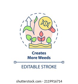 Creates more weeds concept icon. Wild plants. Herbicides. Disadvantages of gmo abstract idea thin line illustration. Isolated outline drawing. Editable stroke. Arial, Myriad Pro-Bold fonts used