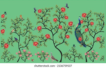 creates timeless walls with elegant birds sitting on pink flower blossom branches on a green background. Samples available. Easy to hang