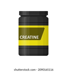 Creatine bottle isolated on white background. Sports nutrition icon container package, fitness supplements. Bodybuilding sport food. Jar with supplements for muscle growth. Gym vector illustartion