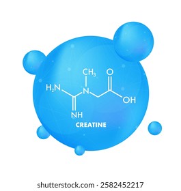 Creatine molecule structure with blue gradient bubble and connections representing innovative biotechnology