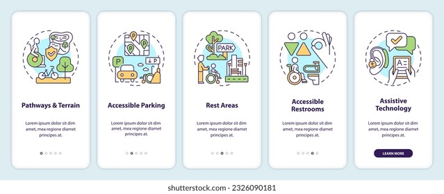 Creating accessible outdoors onboarding mobile app screen. Safe space walkthrough 5 steps editable graphic instructions with linear concepts. UI, UX, GUI template. Myriad Pro-Bold, Regular fonts used