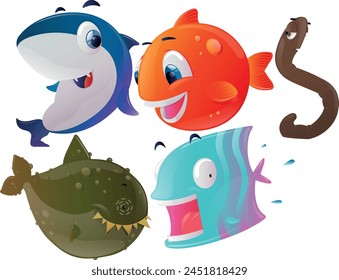 CREATING ANIMATED OCEAN AND RELATED CHARACTERS ON ISOLATED WHITE BACKGROUND - SHARK, ORANGE FISH, POISON FISH, WORM, FISHING