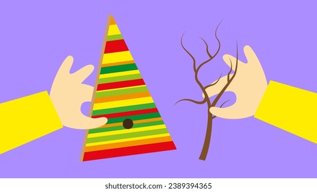 Creating an applique with a Christmas tree. Vector illustration in flat style