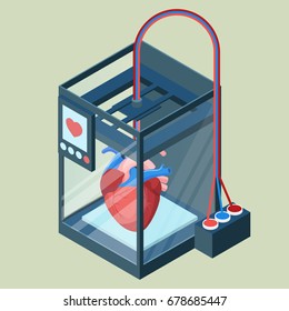 Creating artificial heart on three dimensional printer vector illustration