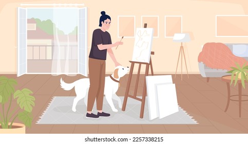 Creating artwork at home flat color vector illustration. Happy guy petting dog and painting on canvas. Fully editable 2D simple cartoon character with balcony and living room interior on background