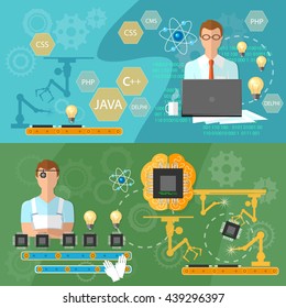 Creating banners creative technology computer production professional programmer assembly line process of assembling computers operator conveyor creation of microchips vector 