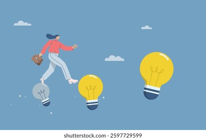 Creating bigger ideas, Stepping into new ideas, Business women crossing from a lamp that goes out to larger lamp, Creating or adjusting new ideas all the time in business. Flat vector illustration.
