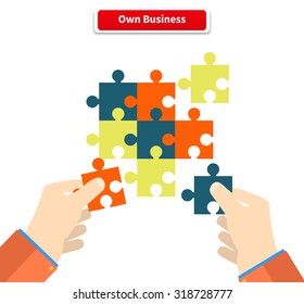 Creating or building own business concept. Puzzle piece, construction and development, build construct, idea and success, solution and growth, challenge and jigsaw illustration