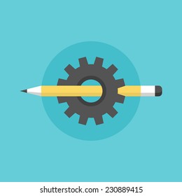 Creating and building process, sketching pen tool with cogwheel mechanism, technical sketch organization. Flat icon modern design style vector illustration concept.