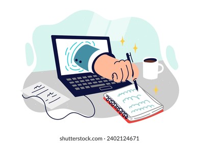Creating business notes in notepad, with hand sticking out of laptop symbolizing online educational lectures. Virtual assistant takes notes in diary located on table near coffee mug.