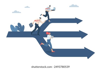 Creating business opportunities and competition, Different options or paths, Different goals, Three businessmen running on the same path towards three way intersection. Vector design illustration.