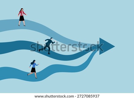 Creating business opportunities and competition, Different options or paths, Different goals, Three businessmen running on the same path towards three way intersection. Vector design illustration.