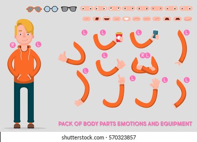 Creating the character of the student. Icons with various types of faces, emotions, clothing. In front, a male person. Move your hands. Chairman. Council. Vector illustration.