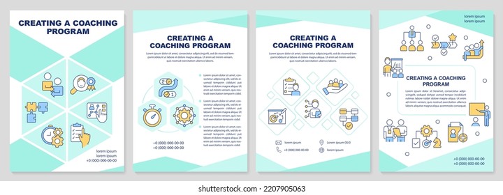 Creating coaching program mint brochure template. Leaflet design with linear icons. Editable 4 vector layouts for presentation, annual reports. Arial-Black, Myriad Pro-Regular fonts used