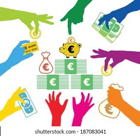 Creating common property in Euros - cash assistance - lot of money - social help - mutual aid - various characters - cooperation and integration - hand Gestures: little, more, the most