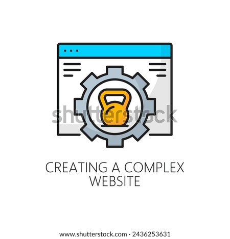 Creating complex website, CMS content management system icon, vector outline pictogram. Internet marketing and CMS business web site creation icon for user panel or website button for media content