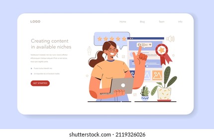 Crear contenido en banner web o página de inicio de nishes disponibles. Guía del gestor de contenido. Cómo crear contenido rentable. Estrategia de promoción digital y producción de contenido. Ilustración vectorial plana