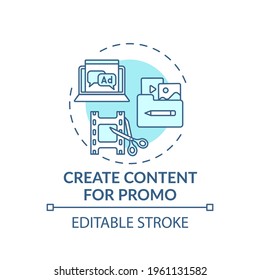 Creating content for promo concept icon. Online event marketing tip idea thin line illustration. Products, services marketing. Advertising. Vector isolated outline RGB color drawing. Editable stroke