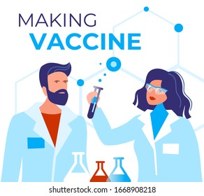 Creating a coronavirus vaccine. Vector illustration. Two scientists, a man and a woman in the lab are making an effective vaccine to save humanity. COVID-19 protection from the virus