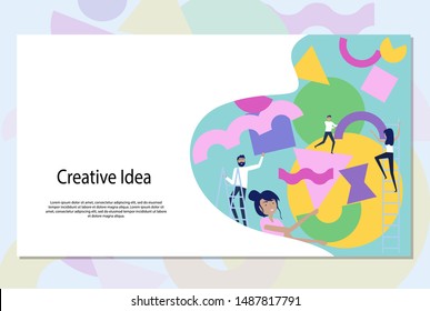 Creating creative ideas concept. Illustration of group of people organizing and arranging abstract geometric shapes. Editable vector illustration. Web Page Banner.
