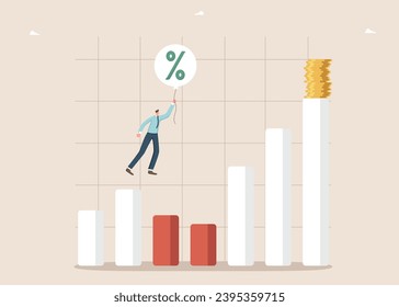 Creating creative ways to achieve wealth, increasing interest rates on deposits, increasing dividends on stocks, increasing value of investments, man on interest balloon takes off according the graph.