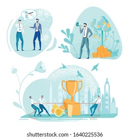 Creating Curriculum Vitae in Order to Start Getting More Job Offers. Effective Promotion as Way to Future Profit. Office Workers Pulling Rope, Competing for Golden Cup. Three Pictures Set.