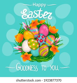 Creating design for Easter holidays.Colored eggs, lying in a nest of spring grass and bright flowers,create a festive cheeful mood.Vector template for cards,banner,posters and other users.