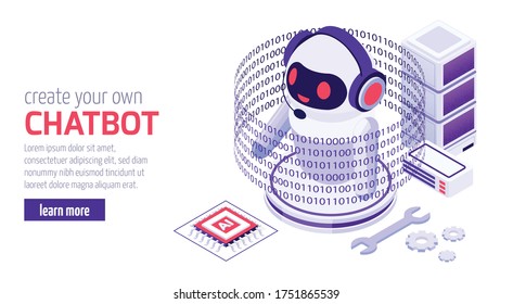 Creating developing building your own chatbot messenger private or business with code sample isometric design vector illustration 