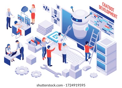 Creating and developing your own chatbot messenger isometric composition with company staff building cyber bot vector illustration 