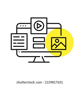 Crear diferentes tipos de contenido multimedia, como texto, vídeo e imagen. Icono de línea de dibujo de píxeles perfecto, modificable