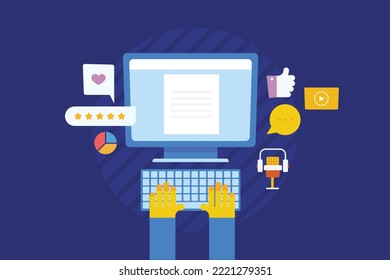 Creación de contenido digital, desarrollo de contenido para medios sociales, email marketing, SEO y podcasting - diseño plano de fondo vectorial ilustración con iconos