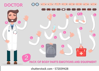 Creating doctor character. Icons with different types of facial emotions and clothes. Move your hands.