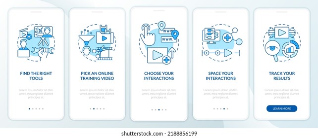 Creating educational video blue onboarding mobile app screen. Walkthrough 5 steps editable graphic instructions with linear concepts. UI, UX, GUI template. Myriad Pro-Bold, Regular fonts used