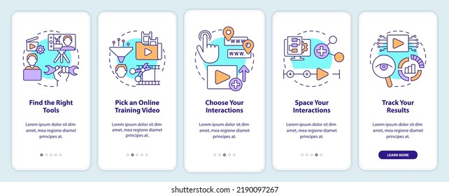 Creating educational video onboarding mobile app screen. Walkthrough 5 steps editable graphic instructions with linear concepts. UI, UX, GUI template. Myriad Pro-Bold, Regular fonts used