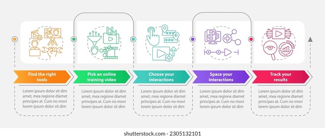 Creating educational video rectangle infographic template. Data visualization with 5 steps. Editable timeline info chart. Workflow layout with line icons. Myriad Pro-Bold, Regular fonts used