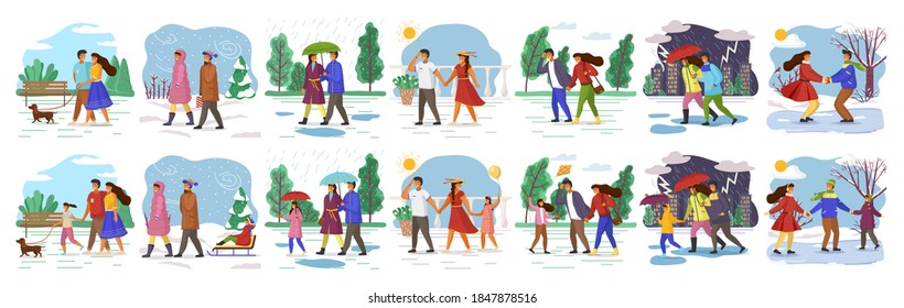 Creating family, couple of young guy and girl from first date to family and children, people walking with dog, snowy day, during rain with umbrella, windy weather, strong rain at night, skating at ice