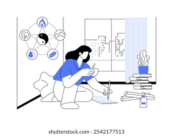 Creación de Ilustraciones vectoriales de dibujos animados aislados de Plan Feng Shui. Mujer hermosa que planifica la organización del espacio de Feng Shui, diseño del hogar que mejora, estilo de vida de la gente, dibujos animados del Vector de la renovación de la casa.