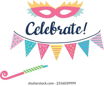 Creating a festive atmosphere, a vibrant banner, colorful mask, and lively party horn come together, enhancing the celebratory spirit for any special occasion or event