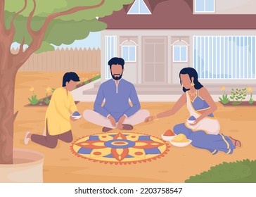 Creating flower rangoli with family flat color vector illustration. Traditional indian custom. Diwali festival preparation. Fully editable 2D simple cartoon characters with house on background